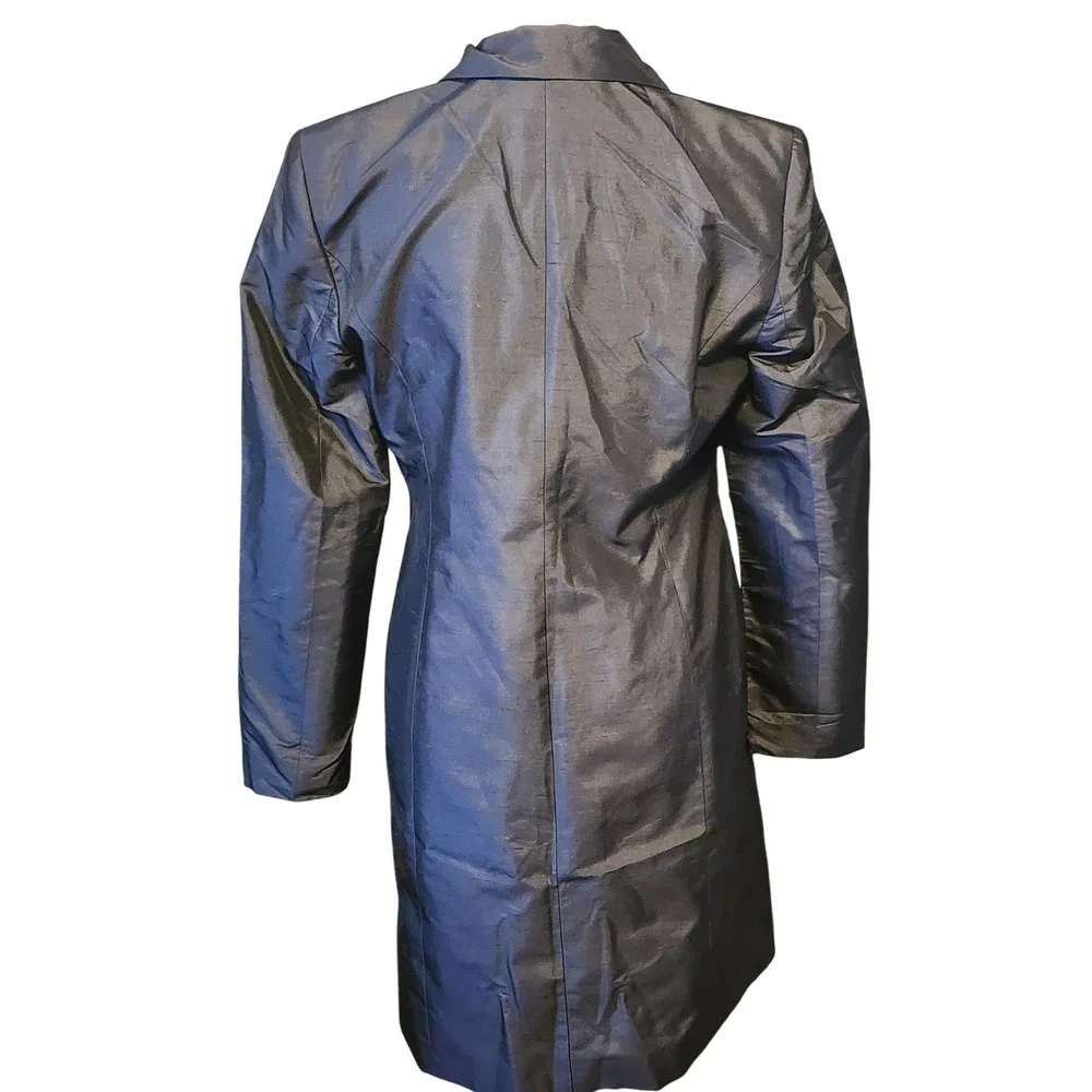 Kate Hill 100% Silk  Trench Coat Gray Black 3-Button Duster Jacket Size 4
